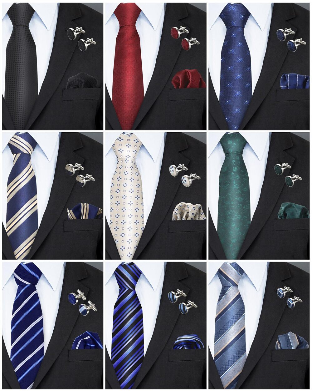 1093 9 Sets Tie Classic Necktie and Handkerchief Cufflinks Sets Silk